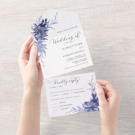 Navy Blauw Bloemen Romantische Kalligrafie Bruilof All In One Uitnodiging (Afscheurbaar)