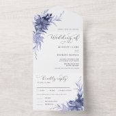 Navy Blauw Bloemen Romantische Kalligrafie Bruilof All In One Uitnodiging (Binnen)