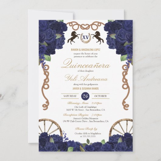 Navy Blauw Bloemen Rustieke Charra Quinceanera Kaart (Voorkant)