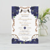 Navy Blauw Bloemen Rustieke Charra Quinceanera Kaart (Staand voorkant)