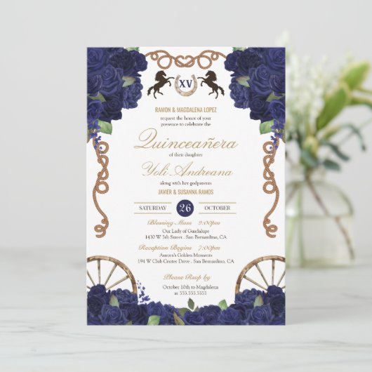 Navy Blauw Bloemen Rustieke Charra Quinceanera Kaart (Staand voorkant)