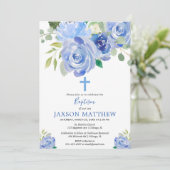 Navy blauw bloemen waterverven doopjongen kaart (Staand voorkant)