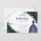 Navy Blauw Bloemen Zilver Prinses Quinceañera Antw RSVP Kaartje (Voorkant)