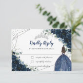 Navy Blauw Bloemen Zilver Prinses Quinceañera Antw RSVP Kaartje (Staand voorkant)