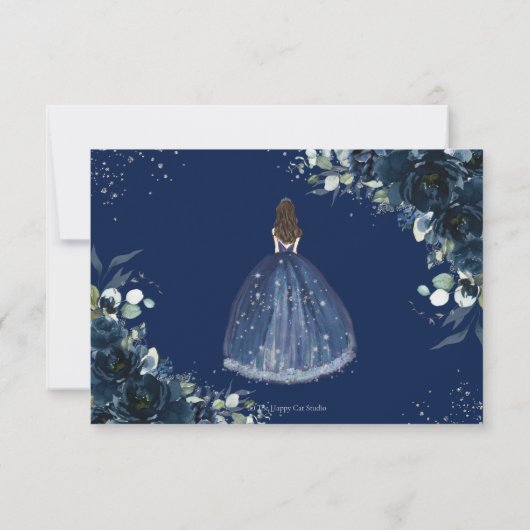 Navy Blauw Bloemen Zilver Prinses Quinceañera Antw RSVP Kaartje (Achterkant)