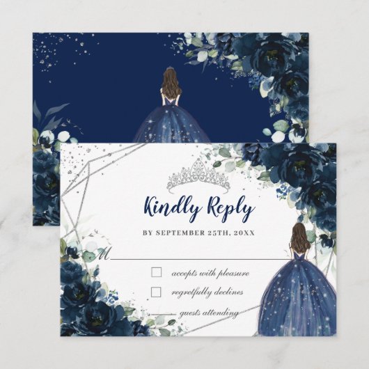 Navy Blauw Bloemen Zilver Prinses Quinceañera Antw RSVP Kaartje (Voorkant / Achterkant)