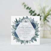 Navy blauw bloemengroen baby shower uitnodiging (Staand voorkant)