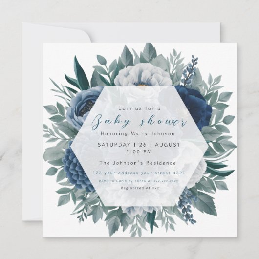 Navy blauw bloemengroen baby shower uitnodiging (Voorkant)