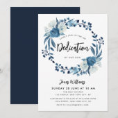 Navy blauw bloementoewijding baby uitnodiging (Voorkant / Achterkant)