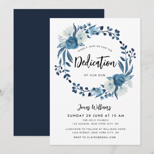 Navy blauw bloementoewijding baby uitnodiging (Voorkant / Achterkant)