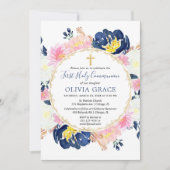 Navy blauw blos roze goud bloemen eerste communie kaart (Voorkant)