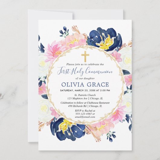 Navy blauw blos roze goud bloemen eerste communie kaart (Voorkant)