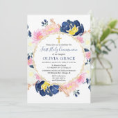 Navy blauw blos roze goud bloemen eerste communie kaart (Staand voorkant)