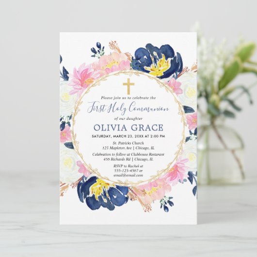 Navy blauw blos roze goud bloemen eerste communie kaart (Staand voorkant)