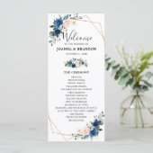Navy Blauw Blush Bloemen Geometrische Bruiloft Programmakaart (Staand voorkant)