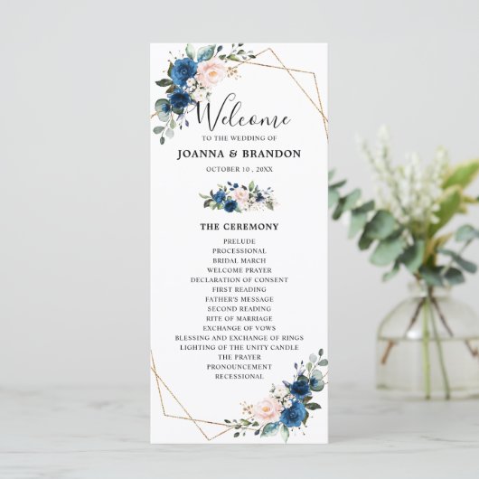 Navy Blauw Blush Bloemen Geometrische Bruiloft Programmakaart (Staand voorkant)