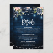 Navy Blauw Blush Bloemen Rustiek String Licht Deta Informatiekaartje (Voorkant / Achterkant)