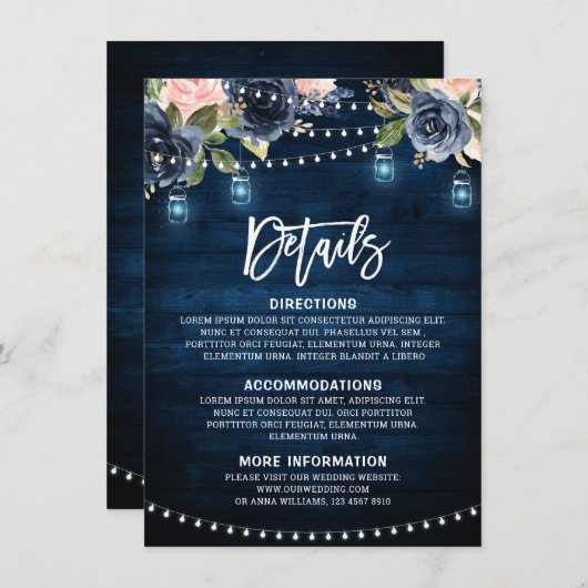 Navy Blauw Blush Bloemen Rustiek String Licht Deta Informatiekaartje (Voorkant / Achterkant)