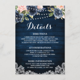 Navy Blauw Blush Bloemen Rustiek String Licht Deta Informatiekaartje