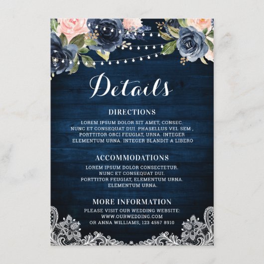 Navy Blauw Blush Bloemen Rustiek String Licht Deta Informatiekaartje (Voorkant)