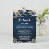 Navy Blauw Blush Bloemen Rustiek String Licht Deta Informatiekaartje (Staand voorkant)