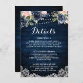 Navy Blauw Blush Bloemen Rustiek String Licht Deta Informatiekaartje (Voorkant / Achterkant)