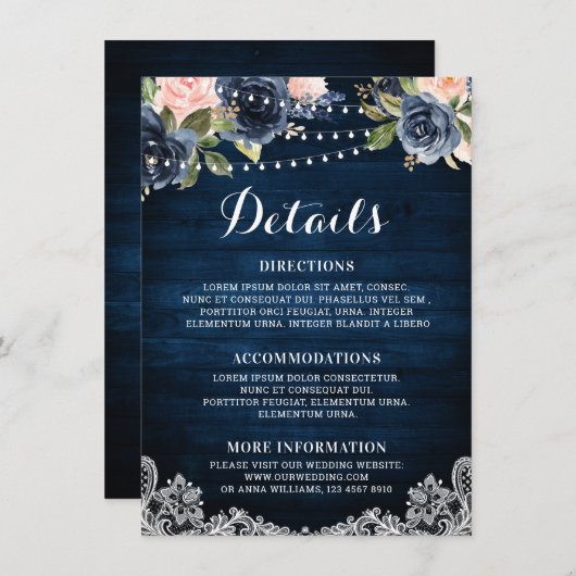 Navy Blauw Blush Bloemen Rustiek String Licht Deta Informatiekaartje (Voorkant / Achterkant)