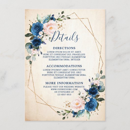 Navy Blauw Blush Bloemen Rustieke Geometrische Bru Informatiekaartje (Voorkant)