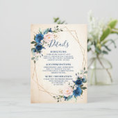 Navy Blauw Blush Bloemen Rustieke Geometrische Bru Informatiekaartje (Staand voorkant)