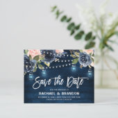 Navy Blauw Blush Bloemen String Light Save the Dat Briefkaart (Staand voorkant)