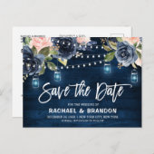 Navy Blauw Blush Bloemen String Light Save the Dat Briefkaart (Voorkant / Achterkant)