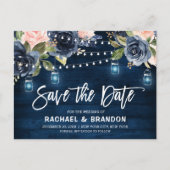Navy Blauw Blush Bloemen String Light Save the Dat Briefkaart (Voorkant)
