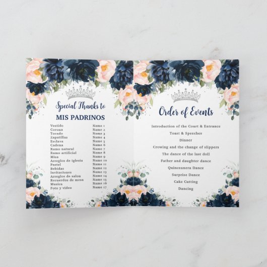 Navy Blauw Blush Bloemen Twins Prinses Quinceañera Programma (Binnen)