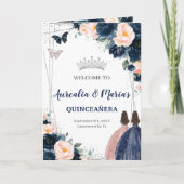Navy Blauw Blush Bloemen Twins Prinses Quinceañera Programma (Voorkant)