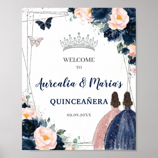 Navy Blauw Blush Bloemen Twins Zilver Quinceañera Poster (Voorkant)