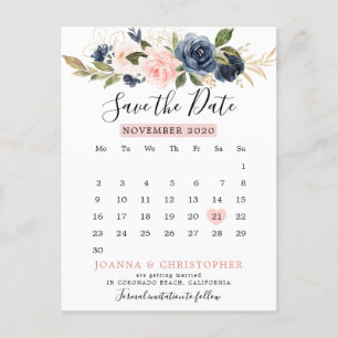 Navy blauw blush bloemenkalender Save the date Aankondigingskaart