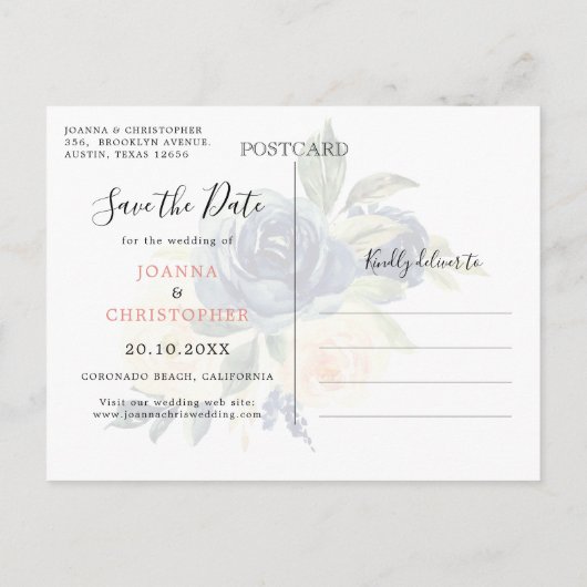 Navy blauw blush bloemenkalender Save the date Aankondigingskaart (Achterkant)