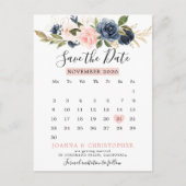 Navy blauw blush bloemenkalender Save the date Aankondigingskaart (Voorkant)