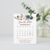 Navy blauw blush bloemenkalender Save the date Aankondigingskaart (Staand voorkant)