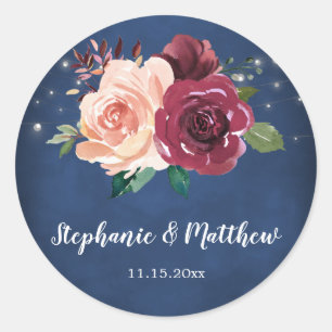 Navy Blauw Blush Bourgondië Roos String Licht Brui Ronde Sticker