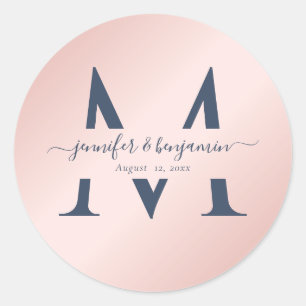 Navy Blauw Blush Bruiloft Monogram Envelop Afdicht Ronde Sticker