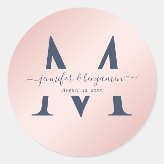 Navy Blauw Blush Bruiloft Monogram Envelop Afdicht Ronde Sticker (Voorkant)