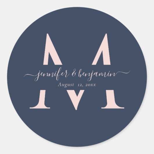 Navy Blauw Blush Bruiloft Monogram Envelop Afdicht Ronde Sticker (Voorkant)