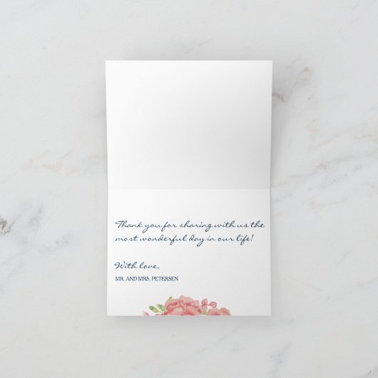 Navy blauw blush pioenrozen bruiloft bewerkbaar da bedankkaart (Binnen)