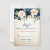 Navy Blauw Blush Roos Boho Rustiek Land Bruiloft RSVP Kaartje (Voorkant)