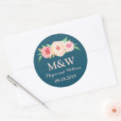Navy Blauw Blush Roze Bloemen Monogram Bruiloft Ronde Sticker (Envelop)