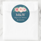 Navy Blauw Blush Roze Bloemen Monogram Bruiloft Ronde Sticker (Tas)