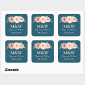 Navy Blauw Blush Roze Bloemen Monogram Bruiloft Vierkante Sticker (Vel)
