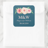 Navy Blauw Blush Roze Bloemen Monogram Bruiloft Vierkante Sticker (Tas)