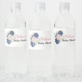 Navy blauw blush roze bloemencustom waterfles etiket